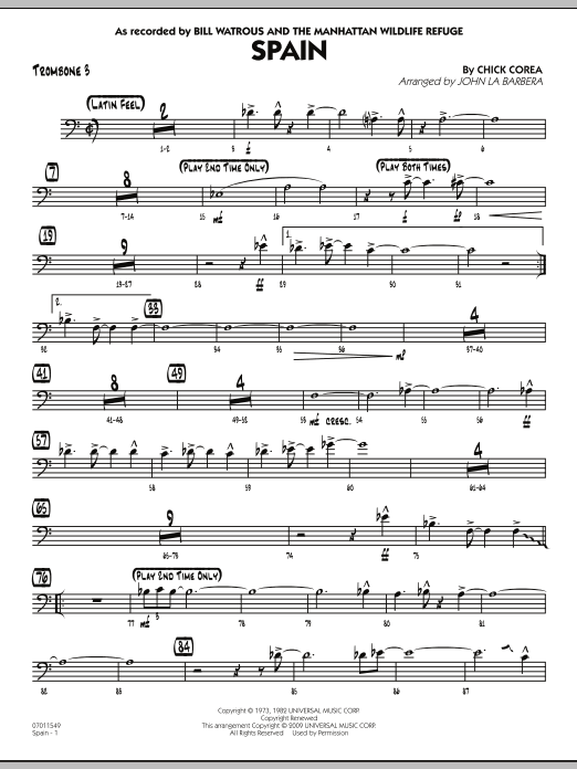 Learn to play John La Barbera Spain - Trombone 3 sheet music for Jazz Ensemble in minutes. John La Barbera Spain - Trombone 3 sheet music preview music notes and score for Jazz Ensemble including 2 page(s)