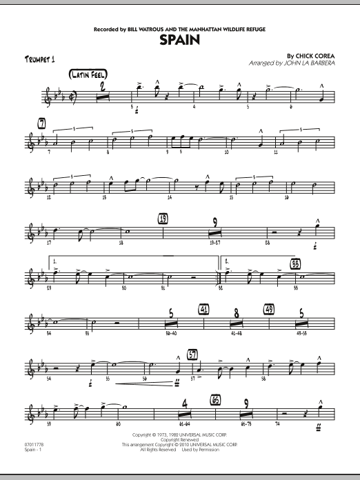 John La Barbera Spain - Trumpet 1 sheet music preview music notes and score for Jazz Ensemble including 2 page(s)