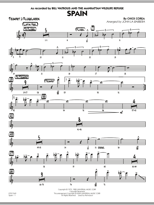 Learn to play John La Barbera Spain - Trumpet 1/Flugelhorn sheet music for Jazz Ensemble in minutes. John La Barbera Spain - Trumpet 1/Flugelhorn sheet music preview music notes and score for Jazz Ensemble including 2 page(s)
