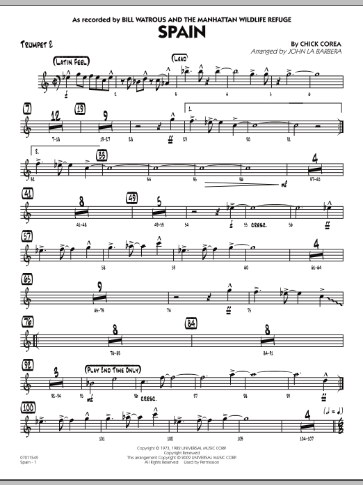 Learn to play John La Barbera Spain - Trumpet 2 sheet music for Jazz Ensemble in minutes. John La Barbera Spain - Trumpet 2 sheet music preview music notes and score for Jazz Ensemble including 3 page(s)