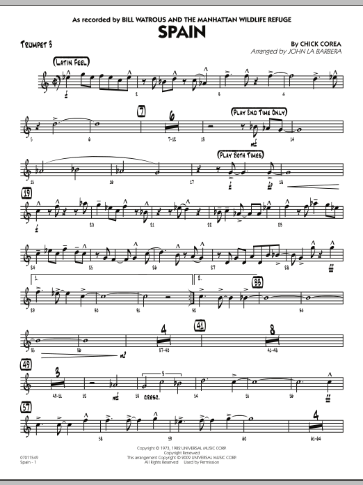 Learn to play John La Barbera Spain - Trumpet 3 sheet music for Jazz Ensemble in minutes. John La Barbera Spain - Trumpet 3 sheet music preview music notes and score for Jazz Ensemble including 3 page(s)