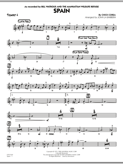 Learn to play John La Barbera Spain - Trumpet 4 sheet music for Jazz Ensemble in minutes. John La Barbera Spain - Trumpet 4 sheet music preview music notes and score for Jazz Ensemble including 3 page(s)