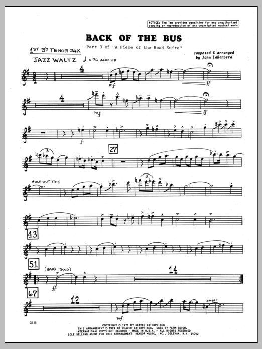 Learn to play John LaBarbara Back Of The Bus - 1st Bb Tenor Saxophone sheet music for Jazz Ensemble in minutes. John LaBarbara Back Of The Bus - 1st Bb Tenor Saxophone sheet music preview music notes and score for Jazz Ensemble including 2 page(s)