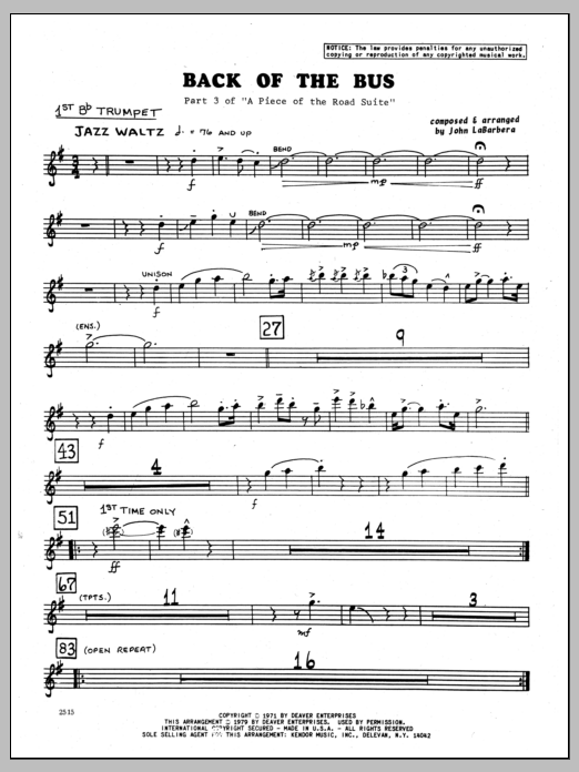 Learn to play John LaBarbara Back Of The Bus - 1st Bb Trumpet sheet music for Jazz Ensemble in minutes. John LaBarbara Back Of The Bus - 1st Bb Trumpet sheet music preview music notes and score for Jazz Ensemble including 2 page(s)