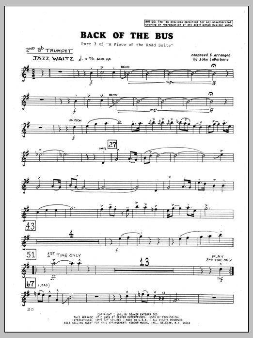 Learn to play John LaBarbara Back Of The Bus - 2nd Bb Trumpet sheet music for Jazz Ensemble in minutes. John LaBarbara Back Of The Bus - 2nd Bb Trumpet sheet music preview music notes and score for Jazz Ensemble including 2 page(s)