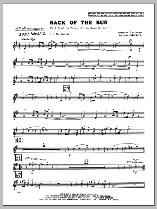 Learn to play John LaBarbara Back Of The Bus - 3rd Bb Trumpet sheet music for Jazz Ensemble in minutes. John LaBarbara Back Of The Bus - 3rd Bb Trumpet sheet music preview music notes and score for Jazz Ensemble including 2 page(s)
