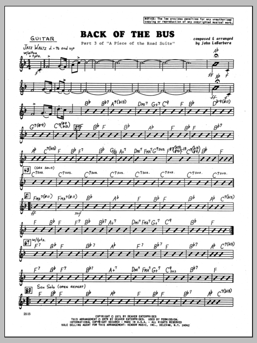 Learn to play John LaBarbara Back Of The Bus - Guitar sheet music for Jazz Ensemble in minutes. John LaBarbara Back Of The Bus - Guitar sheet music preview music notes and score for Jazz Ensemble including 2 page(s)
