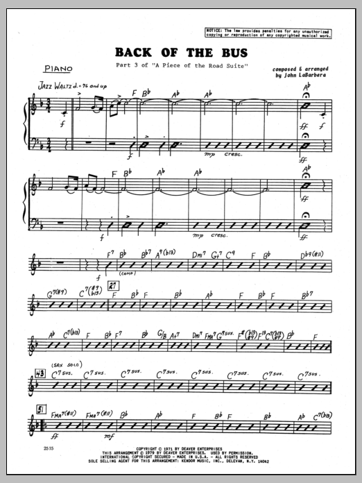 Learn to play John LaBarbara Back Of The Bus - Piano sheet music for Jazz Ensemble in minutes. John LaBarbara Back Of The Bus - Piano sheet music preview music notes and score for Jazz Ensemble including 3 page(s)