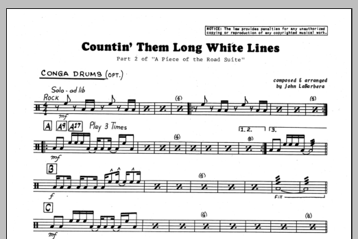Learn to play John LaBarbara Countin' Them Long White Lines - Aux Percussion sheet music for Jazz Ensemble in minutes. John LaBarbara Countin' Them Long White Lines - Aux Percussion sheet music preview music notes and score for Jazz Ensemble including 1 page(s)