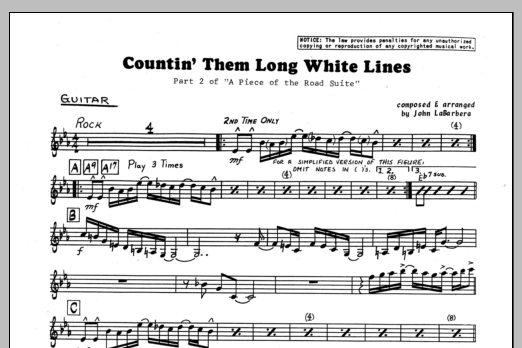 Learn to play John LaBarbara Countin' Them Long White Lines - Guitar sheet music for Jazz Ensemble in minutes. John LaBarbara Countin' Them Long White Lines - Guitar sheet music preview music notes and score for Jazz Ensemble including 1 page(s)