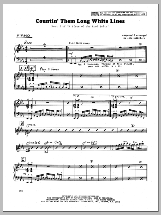 Learn to play John LaBarbara Countin' Them Long White Lines - Piano sheet music for Jazz Ensemble in minutes. John LaBarbara Countin' Them Long White Lines - Piano sheet music preview music notes and score for Jazz Ensemble including 2 page(s)