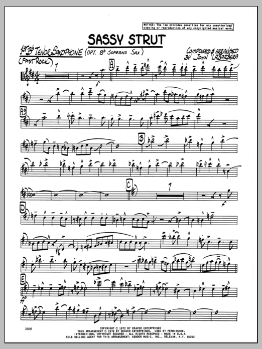 Learn to play John LaBarbara Sassy Strut - 1st Bb Tenor Saxophone sheet music for Jazz Ensemble in minutes. John LaBarbara Sassy Strut - 1st Bb Tenor Saxophone sheet music preview music notes and score for Jazz Ensemble including 3 page(s)