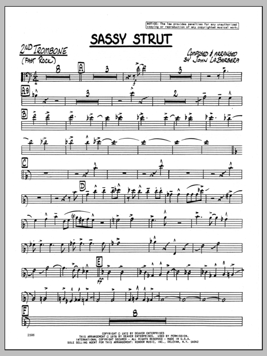 Learn to play John LaBarbara Sassy Strut - 2nd Trombone sheet music for Jazz Ensemble in minutes. John LaBarbara Sassy Strut - 2nd Trombone sheet music preview music notes and score for Jazz Ensemble including 3 page(s)