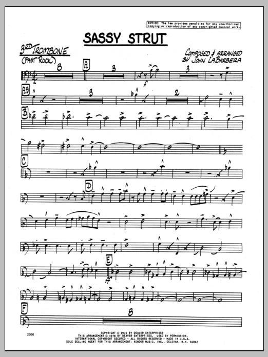 Learn to play John LaBarbara Sassy Strut - 3rd Trombone sheet music for Jazz Ensemble in minutes. John LaBarbara Sassy Strut - 3rd Trombone sheet music preview music notes and score for Jazz Ensemble including 3 page(s)