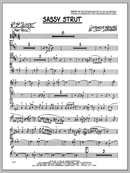 Learn to play John LaBarbara Sassy Strut - 4th Bb Trumpet sheet music for Jazz Ensemble in minutes. John LaBarbara Sassy Strut - 4th Bb Trumpet sheet music preview music notes and score for Jazz Ensemble including 3 page(s)