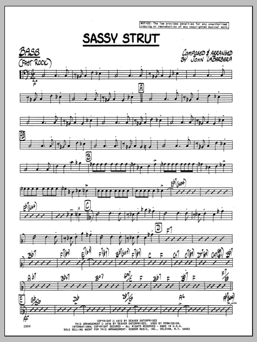 Learn to play John LaBarbara Sassy Strut - Bass sheet music for Jazz Ensemble in minutes. John LaBarbara Sassy Strut - Bass sheet music preview music notes and score for Jazz Ensemble including 3 page(s)