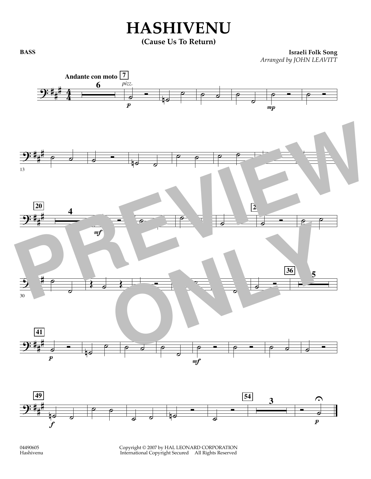 John Leavitt Hashivenu (Cause Us to Return) - String Bass sheet music preview music notes and score for Orchestra including 1 page(s)