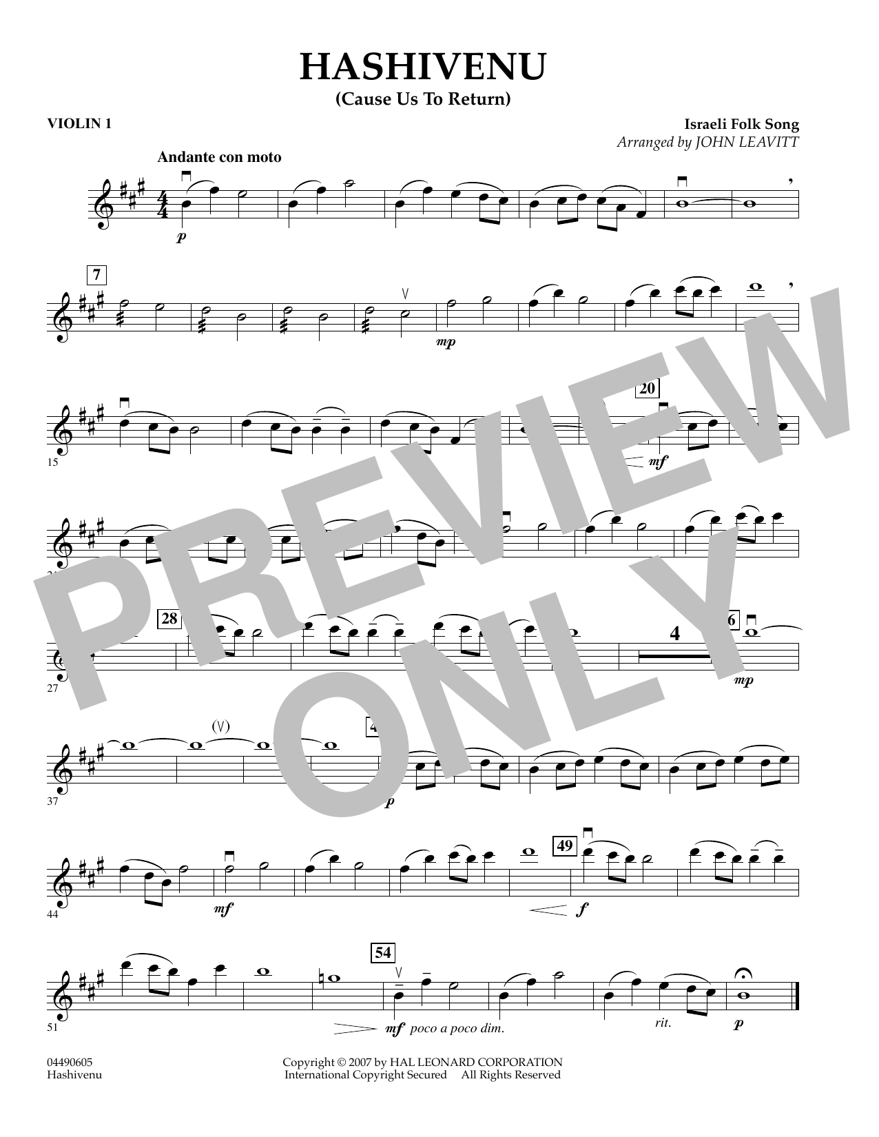 John Leavitt Hashivenu (Cause Us to Return) - Violin 1 sheet music preview music notes and score for Orchestra including 1 page(s)