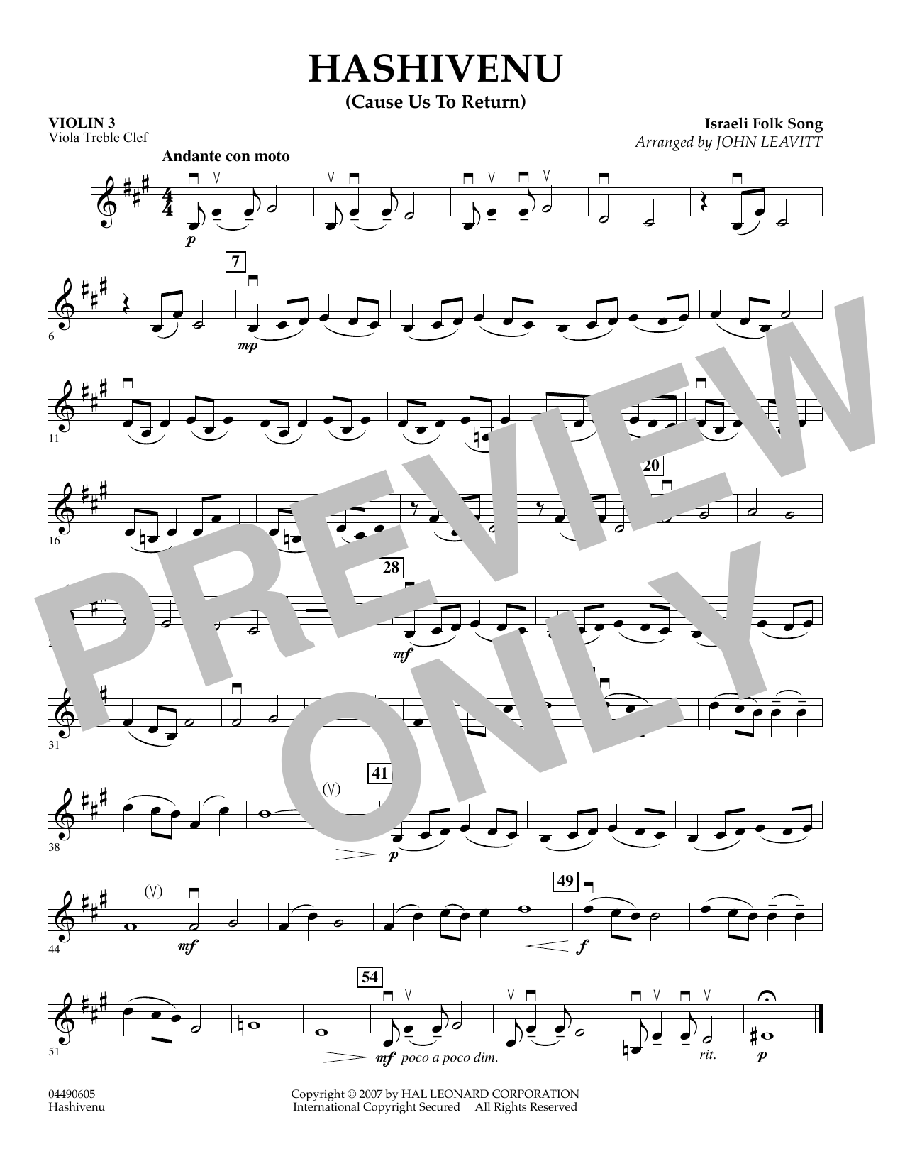 Learn to play John Leavitt Hashivenu (Cause Us to Return) - Violin 3 (Viola T.C.) sheet music for Orchestra in minutes. John Leavitt Hashivenu (Cause Us to Return) - Violin 3 (Viola T.C.) sheet music preview music notes and score for Orchestra including 1 page(s)