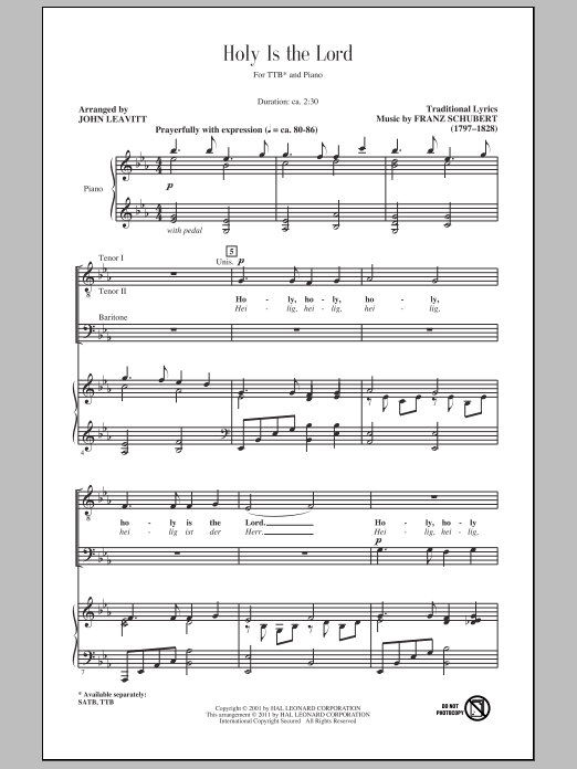 Franz Schubert Holy Is The Lord (arr. John Leavitt) sheet music preview music notes and score for TTBB including 5 page(s)