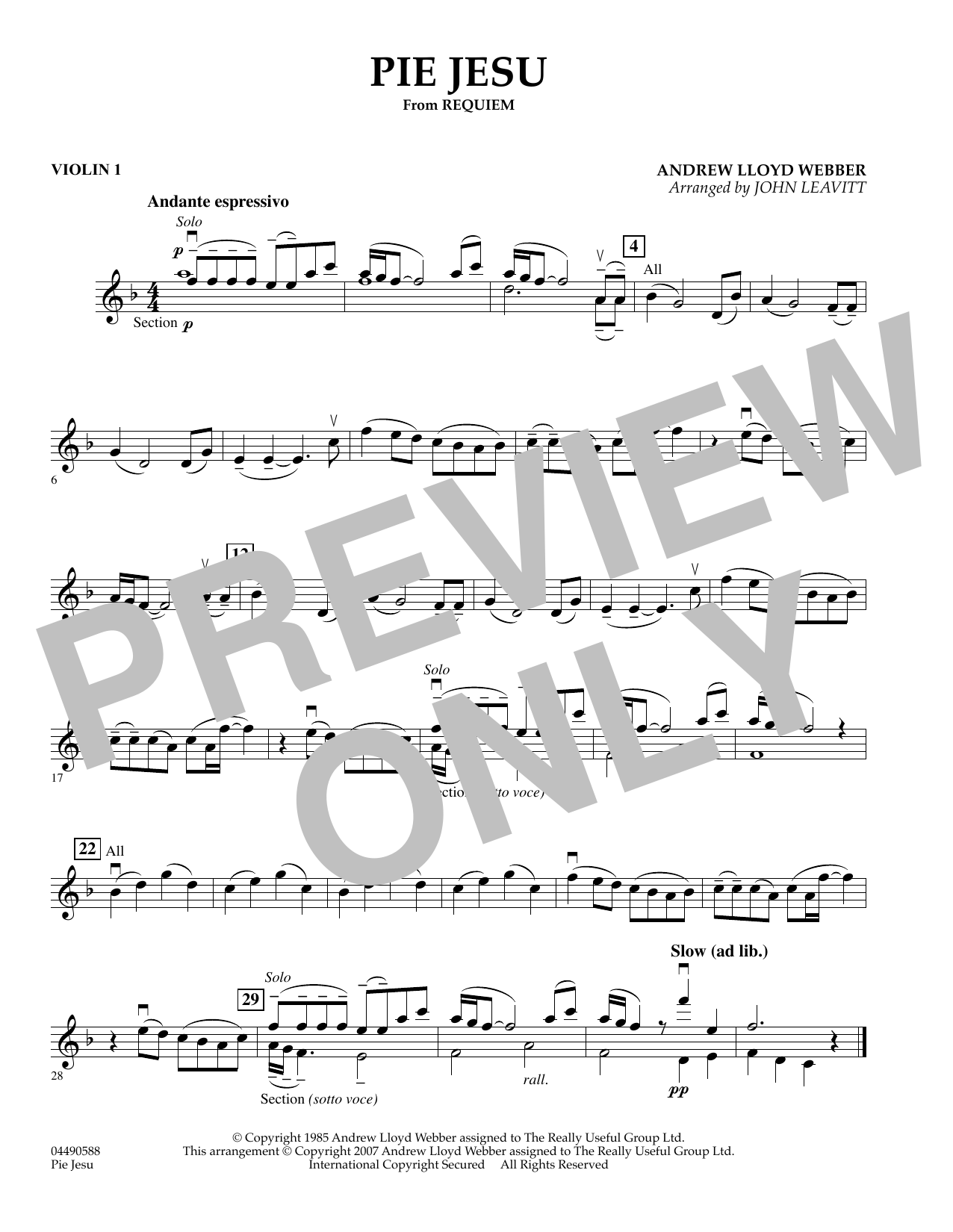 John Leavitt Pie Jesu (from Requiem) - Violin 1 sheet music preview music notes and score for Orchestra including 1 page(s)