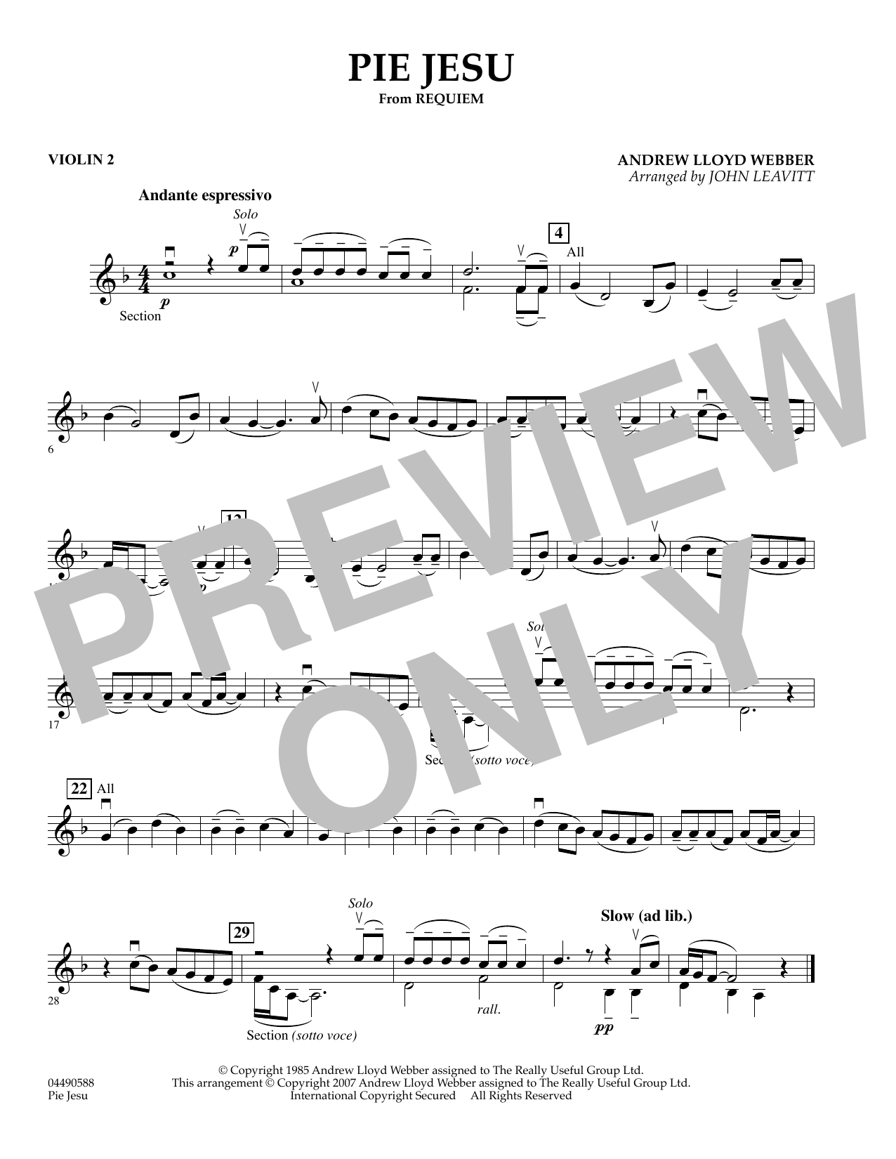 John Leavitt Pie Jesu (from Requiem) - Violin 2 sheet music preview music notes and score for Orchestra including 1 page(s)