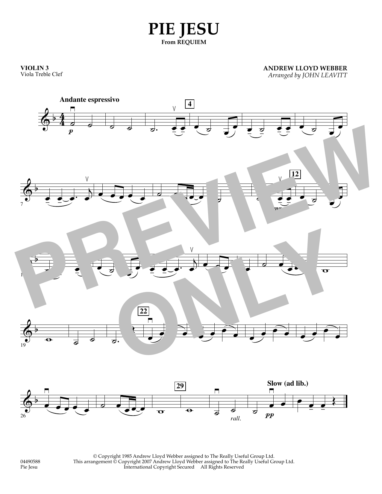 John Leavitt Pie Jesu (from Requiem) - Violin 3 (Viola Treble Clef) sheet music preview music notes and score for Orchestra including 1 page(s)