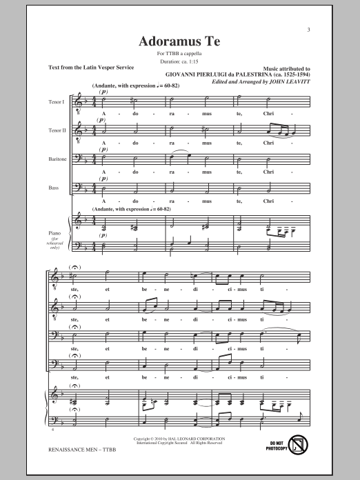 Learn to play Giovanni Palestrina Renaissance Men (arr. John Leavitt) sheet music for TTBB in minutes. Giovanni Palestrina Renaissance Men (arr. John Leavitt) sheet music preview music notes and score for TTBB including 23 page(s)