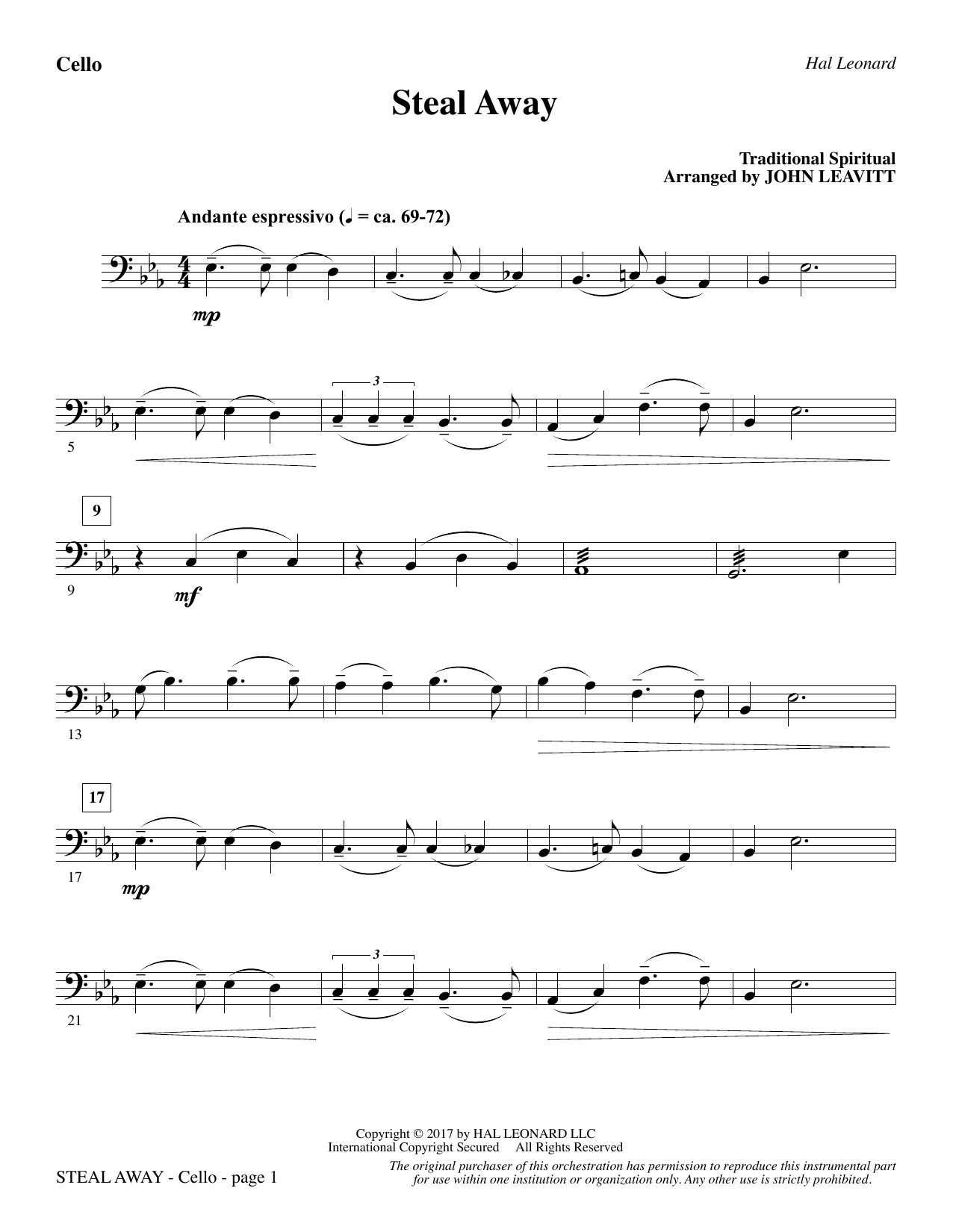 John Leavitt Steal Away - Cello sheet music preview music notes and score for Choir Instrumental Pak including 2 page(s)