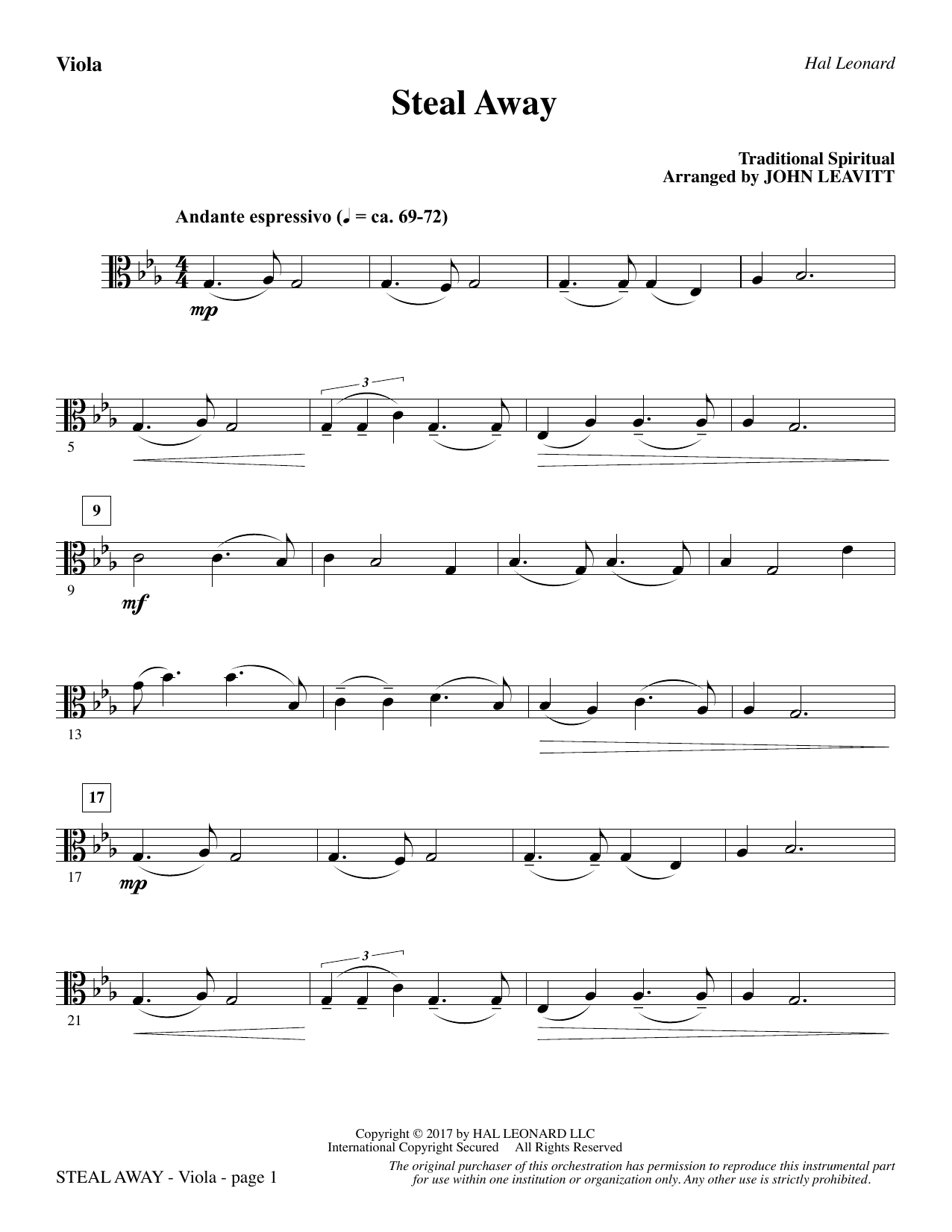Learn to play John Leavitt Steal Away - Viola sheet music for Choir Instrumental Pak in minutes. John Leavitt Steal Away - Viola sheet music preview music notes and score for Choir Instrumental Pak including 2 page(s)
