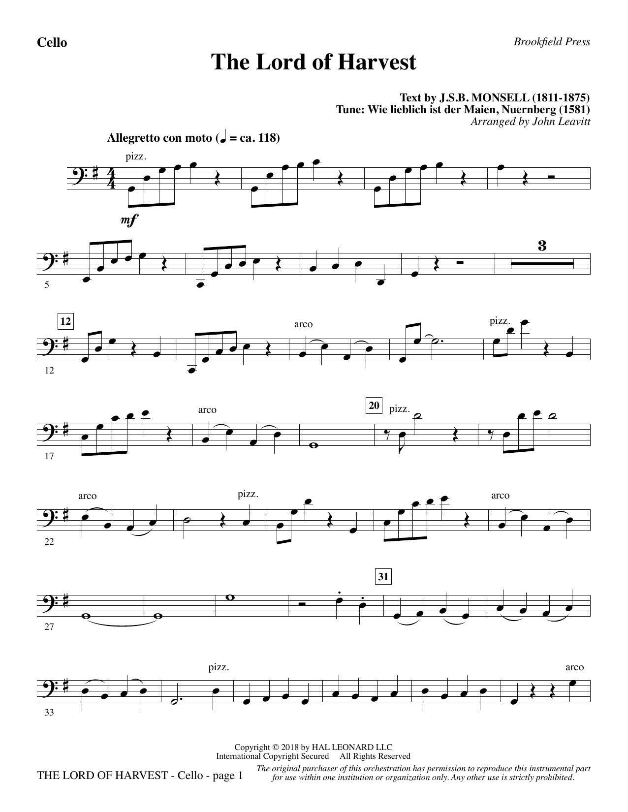 John Leavitt The Lord of Harvest - Cello sheet music preview music notes and score for Choir Instrumental Pak including 2 page(s)