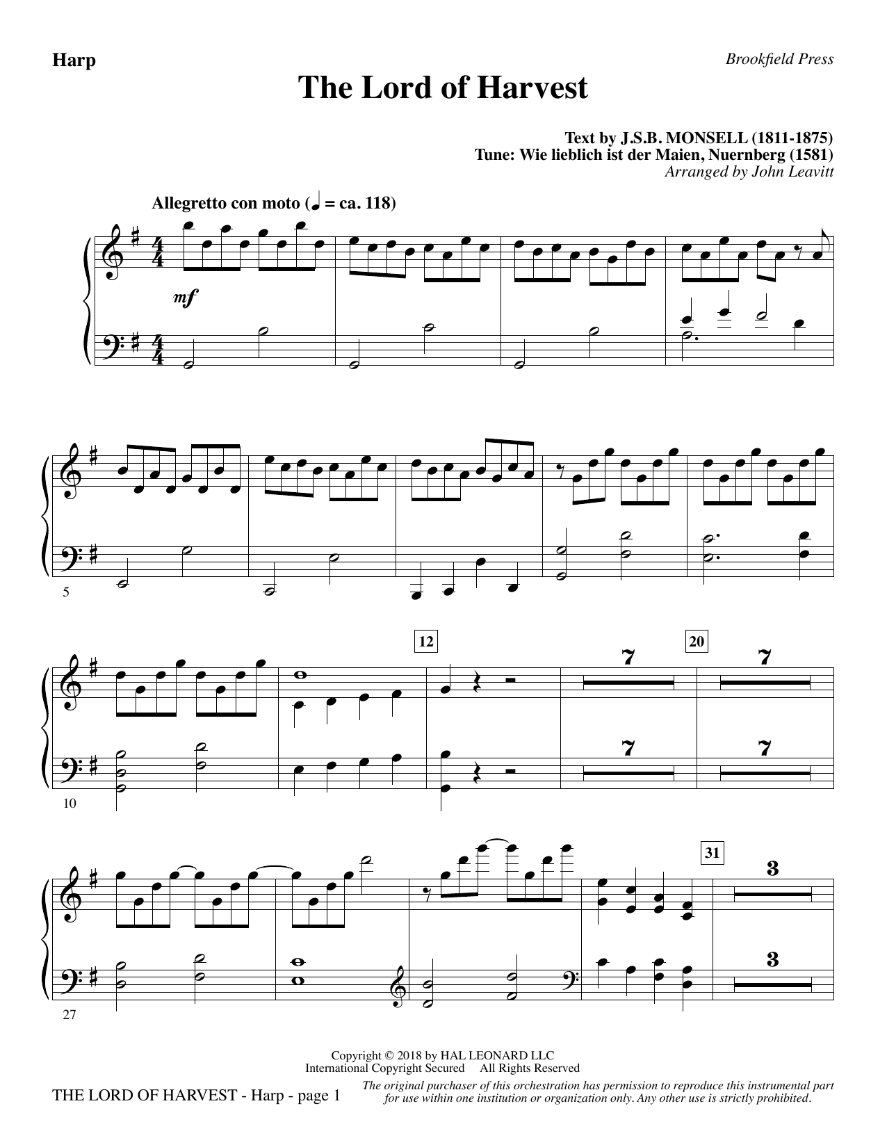 Learn to play John Leavitt The Lord of Harvest - Harp sheet music for Choir Instrumental Pak in minutes. John Leavitt The Lord of Harvest - Harp sheet music preview music notes and score for Choir Instrumental Pak including 3 page(s)