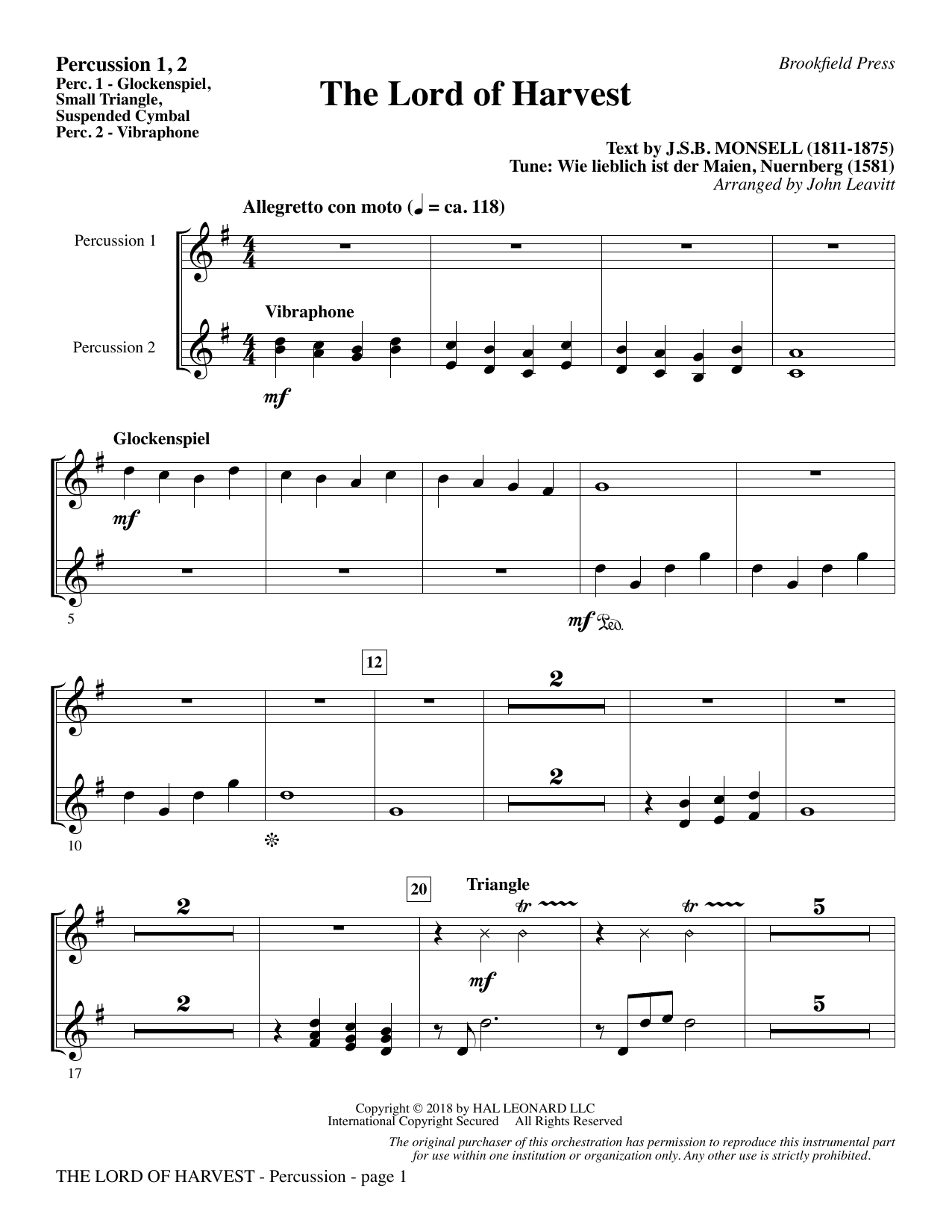 Learn to play John Leavitt The Lord of Harvest - Percussion 1 & 2 sheet music for Choir Instrumental Pak in minutes. John Leavitt The Lord of Harvest - Percussion 1 & 2 sheet music preview music notes and score for Choir Instrumental Pak including 3 page(s)