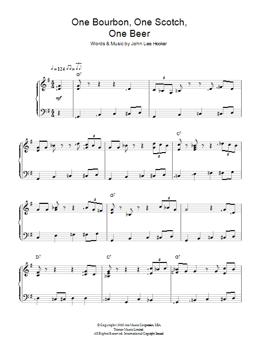 Learn to play John Lee Hooker One Bourbon, One Scotch, One Beer sheet music for Piano & Vocal in minutes. John Lee Hooker One Bourbon, One Scotch, One Beer sheet music preview music notes and score for Piano & Vocal including 2 page(s)