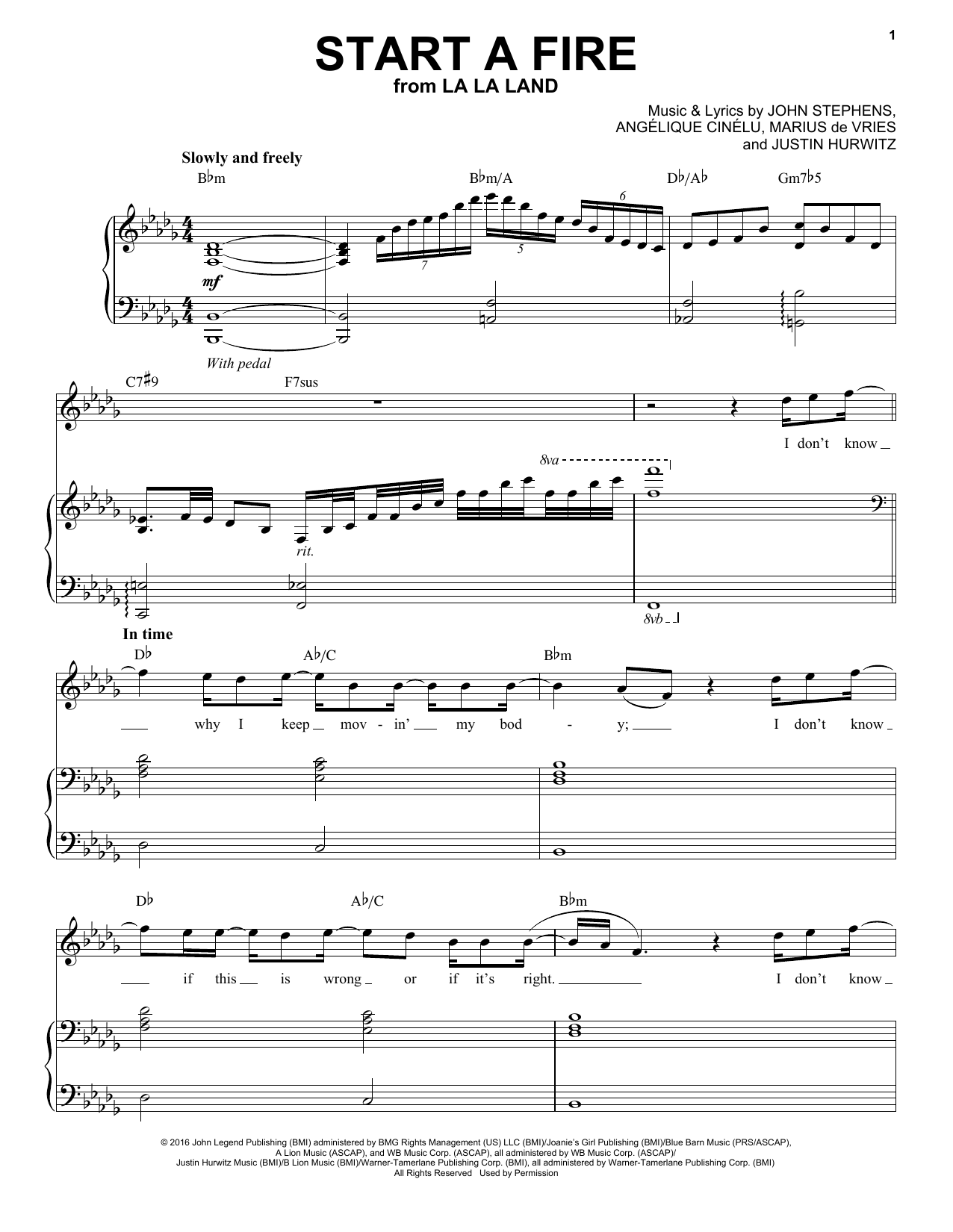 John Legend Start A Fire From La La Land Sheet Music Notes Chords Piano Vocal Download Musicals 179162 Pdf