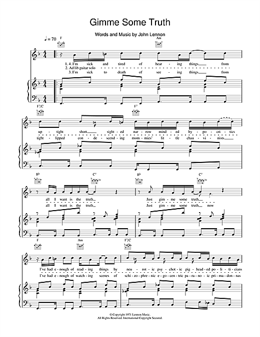 Learn to play John Lennon Gimme Some Truth sheet music for Piano, Vocal & Guitar in minutes. John Lennon Gimme Some Truth sheet music notes and chords