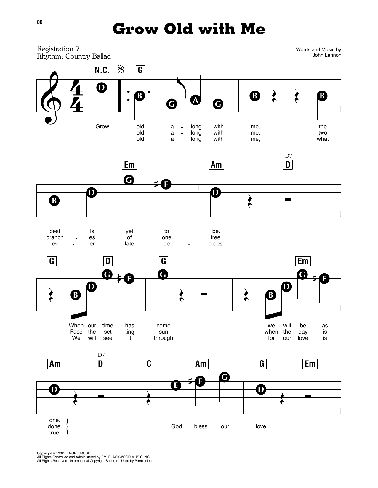 Learn to play John Lennon Grow Old With Me sheet music for Piano (Big Notes) in minutes. John Lennon Grow Old With Me sheet music preview music notes and score for Piano (Big Notes) including 2 page(s)
