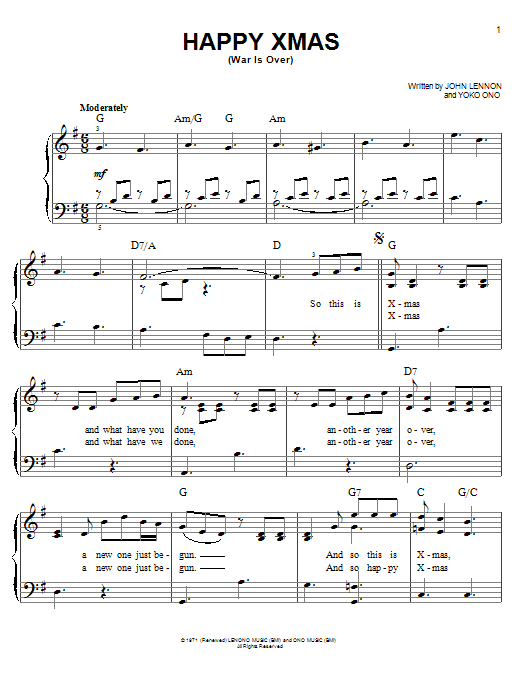 Learn to play John Lennon Happy Xmas (War Is Over) sheet music for Easy Piano in minutes. John Lennon Happy Xmas (War Is Over) sheet music notes and chords