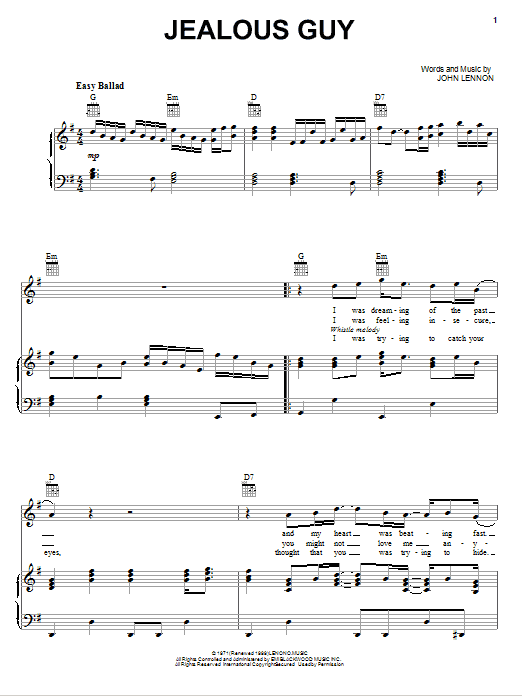 Learn to play John Lennon Jealous Guy sheet music for Piano, Vocal & Guitar in minutes. John Lennon Jealous Guy sheet music notes and chords