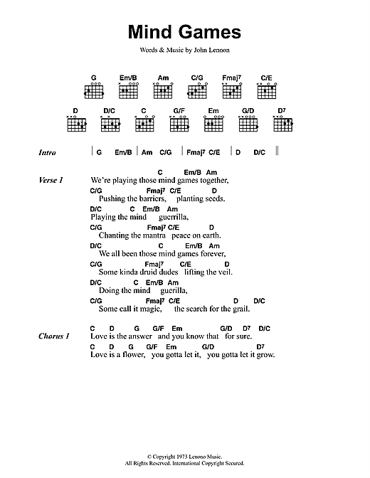 Learn to play John Lennon Mind Games sheet music for Piano, Vocal & Guitar (Right-Hand Melody) in minutes. John Lennon Mind Games sheet music preview music notes and score for Piano, Vocal & Guitar (Right-Hand Melody) including 4 page(s)