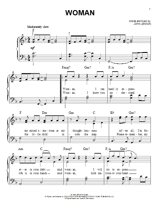 Learn to play John Lennon Woman sheet music for Melody Line, Lyrics & Chords in minutes. John Lennon Woman sheet music preview music notes and score for Melody Line, Lyrics & Chords including 2 page(s)