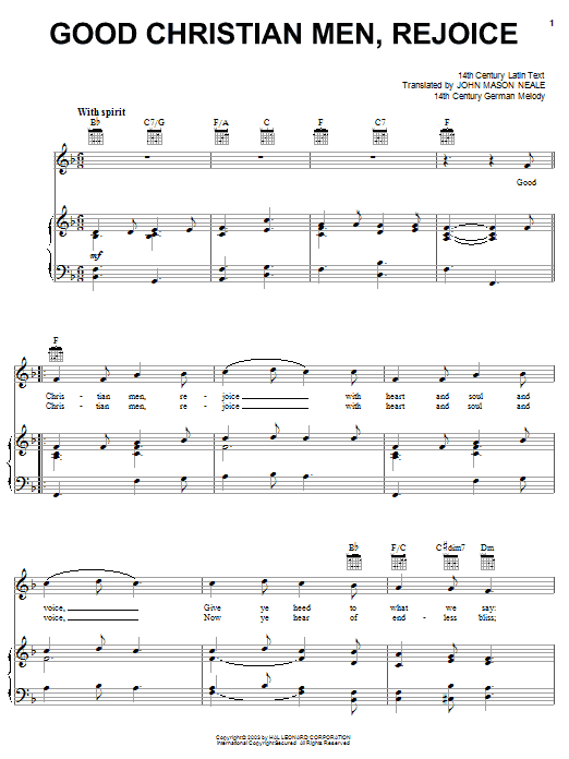 Learn to play John Mason Neale Good Christian Men, Rejoice sheet music for Piano & Vocal in minutes. John Mason Neale Good Christian Men, Rejoice sheet music preview music notes and score for Piano & Vocal including 3 page(s)