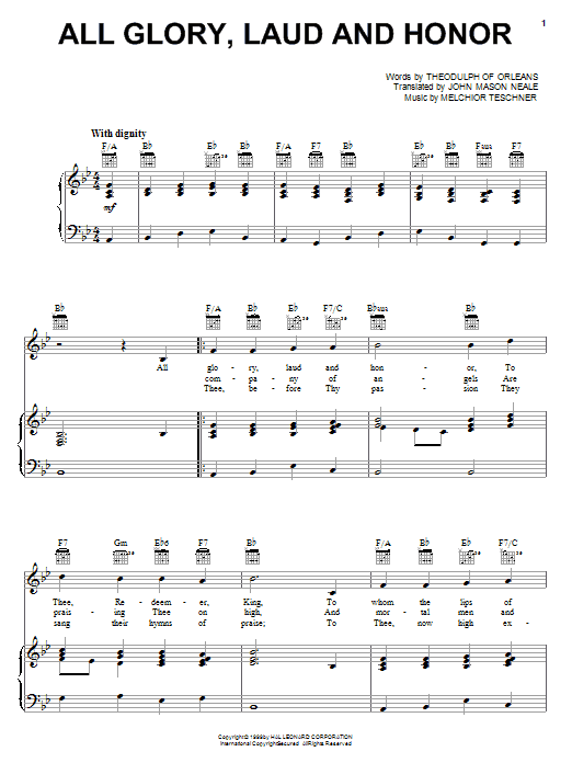 Learn to play John Mason Neale All Glory, Laud And Honor sheet music for Piano, Vocal & Guitar (Right-Hand Melody) in minutes. John Mason Neale All Glory, Laud And Honor sheet music notes and chords