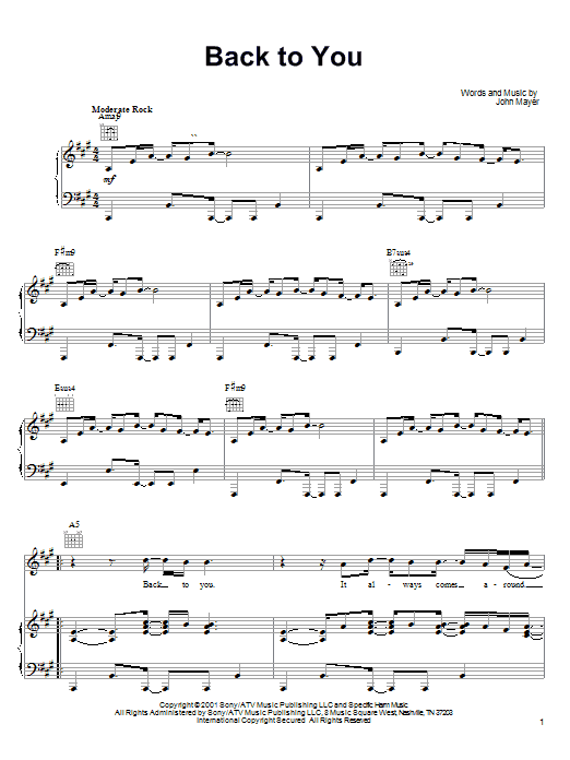 Learn to play John Mayer Back To You sheet music for Easy Guitar in minutes. John Mayer Back To You sheet music preview music notes and score for Easy Guitar including 6 page(s)