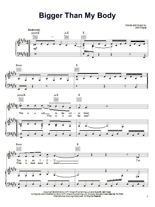 Learn to play John Mayer Bigger Than My Body sheet music for Guitar Tab in minutes. John Mayer Bigger Than My Body sheet music preview music notes and score for Guitar Tab including 5 page(s)