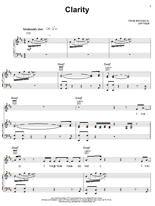 Learn to play John Mayer Clarity sheet music for Piano, Vocal & Guitar (Right-Hand Melody) in minutes. John Mayer Clarity sheet music preview music notes and score for Piano, Vocal & Guitar (Right-Hand Melody) including 11 page(s)