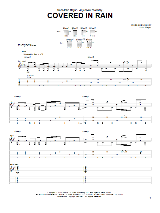 Learn to play John Mayer Covered In Rain sheet music for Guitar Tab in minutes. John Mayer Covered In Rain sheet music preview music notes and score for Guitar Tab including 22 page(s)