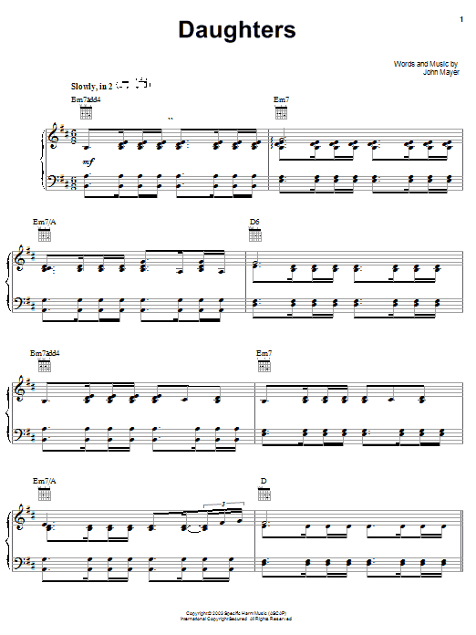 Learn to play John Mayer Daughters sheet music for Piano, Vocal & Guitar (Right-Hand Melody) in minutes. John Mayer Daughters sheet music preview music notes and score for Piano, Vocal & Guitar (Right-Hand Melody) including 8 page(s)
