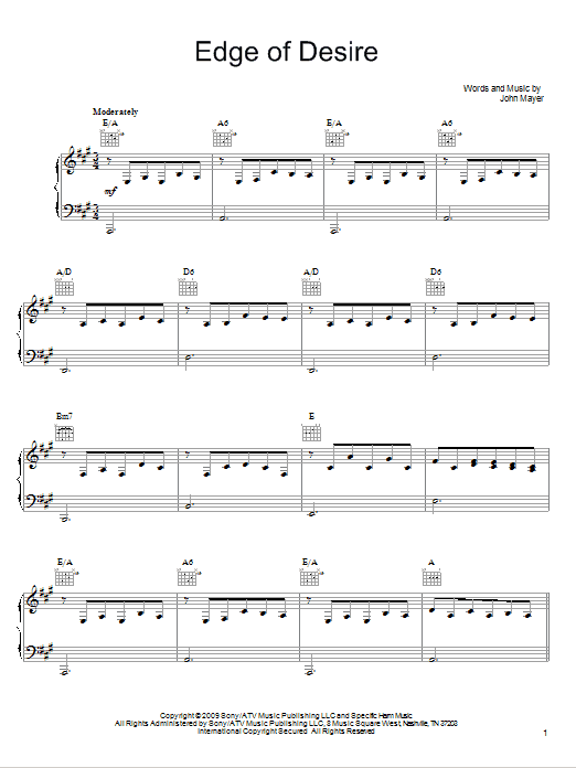 John Mayer Edge Of Desire sheet music preview music notes and score for Easy Guitar including 5 page(s)