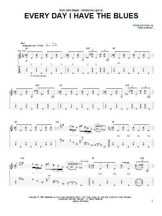 Learn to play John Mayer Every Day I Have The Blues sheet music for Guitar Tab in minutes. John Mayer Every Day I Have The Blues sheet music preview music notes and score for Guitar Tab including 7 page(s)